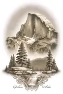 john muir trail theme with half dome and waterfall and hiking trail  tattoo design idea