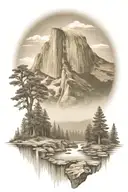 john muir trail theme with half dome and waterfall and hiking trail  tattoo design idea