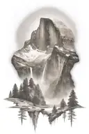 half dome below mt whitney  with waterfall and a trail leading up the middle tattoo design idea