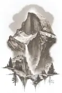 half dome below mt whitney  with waterfall and a trail leading up the middle tattoo design idea