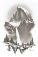 half dome below mt whitney  with waterfall and a trail leading up the middle another mountain in the distance   tattoo design idea