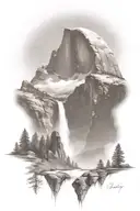 half dome below mt whitney  with waterfall and a trail leading up the middle another mountain in the distance   tattoo design idea