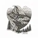 A black-grey tattoo of half dome with jon muir trail running up it  tattoo design idea