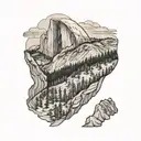 A black-grey tattoo of half dome with jon muir trail running up it  tattoo design idea