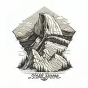 A black-grey tattoo of half dome with jon muir trail running up it  tattoo design idea