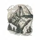 A black-grey tattoo of half dome with jon muir trail running up it  tattoo design idea