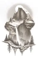 john muir trail theme with half dome and waterfall and hiking trail  tattoo design idea