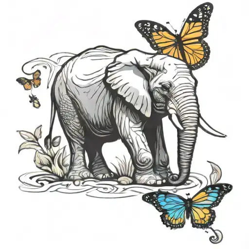 elephant with monarch butterfly landing on trunk tattoo design idea