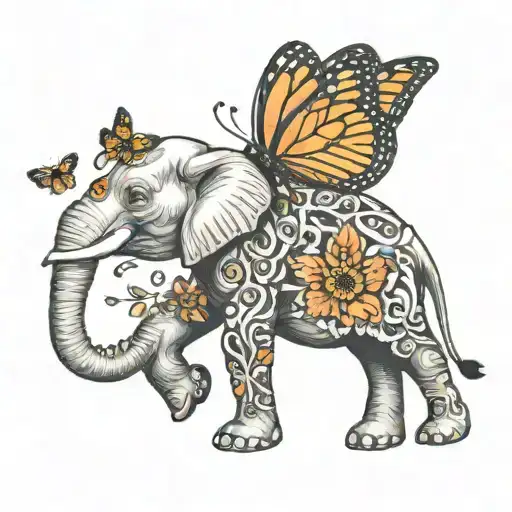 elephant with monarch butterfly landing on tip of trunk tattoo design idea