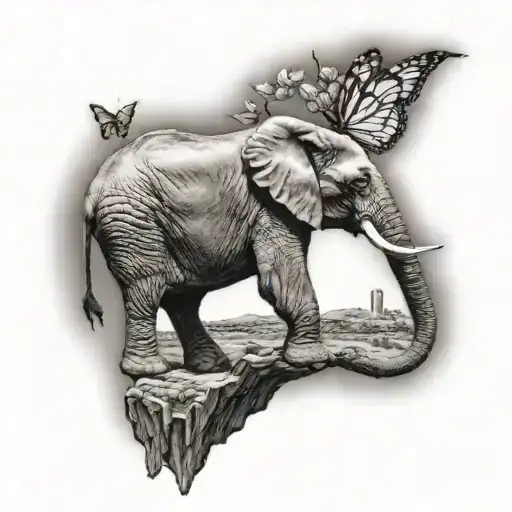 elephant with monarch butterfly landing on tip of trunk tattoo design idea