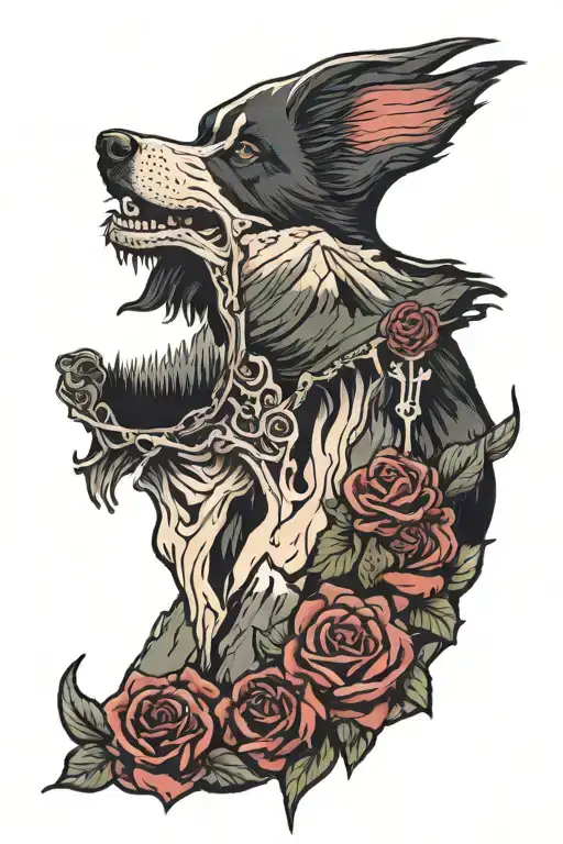 mountains with skeleton and rose border collie tattoo design idea