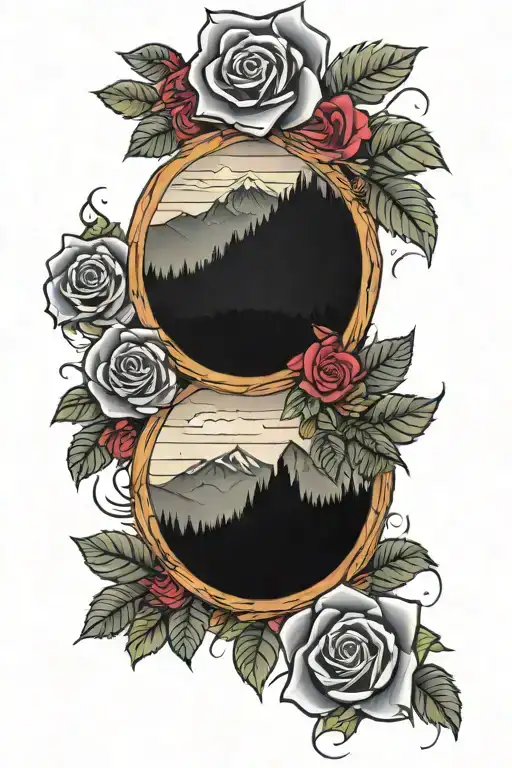 colorful and realistic smoky mountains with an oval shaped boarder of red roses   tattoo design idea