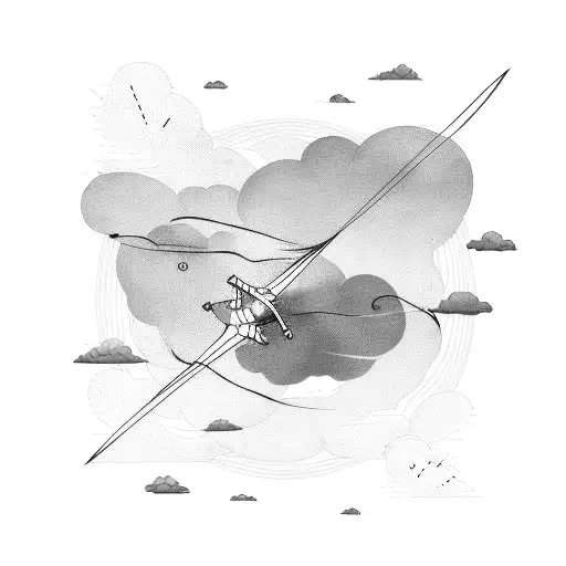 A minimalist representation of a kite soaring through a clear blue sky, with subtle cloud shapes incorporated tattoo design idea