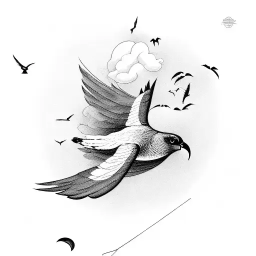 A surreal composition of a kite transforming into a flock of birds, against a backdrop of fluffy clouds tattoo design idea