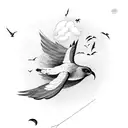 A surreal composition of a kite transforming into a flock of birds, against a backdrop of fluffy clouds tattoo design idea