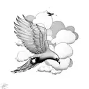 A surreal composition of a kite transforming into a flock of birds, against a backdrop of fluffy clouds tattoo design idea