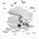 A surreal composition of a kite transforming into a flock of birds, against a backdrop of fluffy clouds tattoo design idea