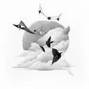 A surreal composition of a kite transforming into a flock of birds, against a backdrop of fluffy clouds tattoo design idea