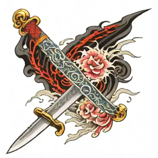 sword in 45 degree angle with suminagashi painting fleeing down  tattoo design idea