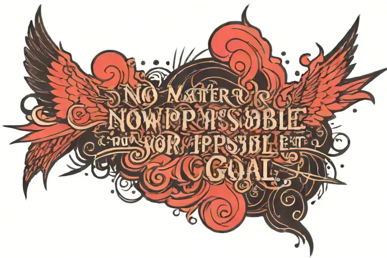 qoute saying "No matter how hard or impossible it is, never lose sight of your goal" with a red and black aura around it tattoo design idea