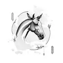 A horse and a horseshoe intertwined with delicate dotwork tattoo design idea