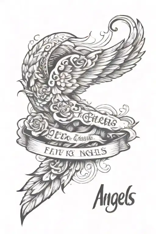 script that says even angels need flying lessons sometimes that has wings in it one of the wings is damaged a cloud outl tattoo design idea
