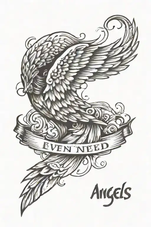 script that says even angels need flying lessons sometimes that has wings in it one of the wings is damaged a cloud outl tattoo design idea