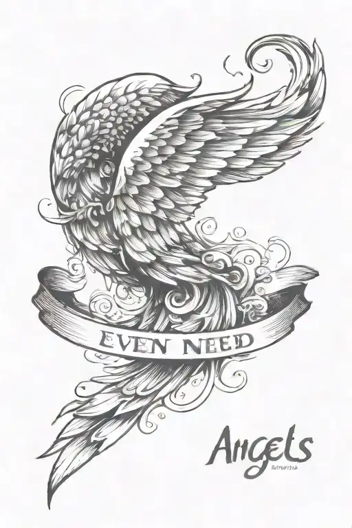script that says even angels need flying lessons sometimes that has wings in it one of the wings is damaged a cloud outl tattoo design idea