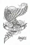 script that says even angels need flying lessons sometimes that has wings in it one of the wings is damaged a cloud outl tattoo design idea