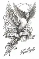 script that says even angels need flying lessons sometimes that has wings in it one of the wings is damaged a cloud outl tattoo design idea