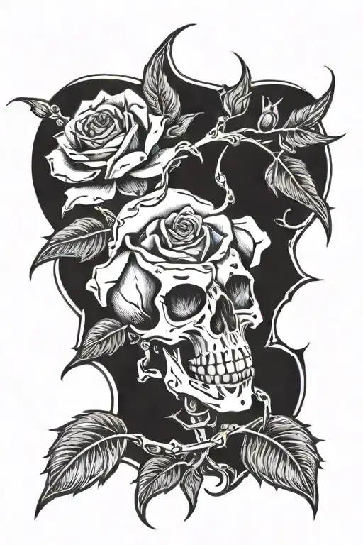 tribal rose with stem held by skeleton mouth open and tongue tattoo design idea