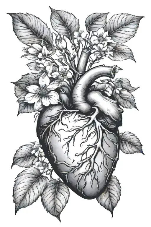 A heart located on the forearm, from the aorta of which flowering branches of an apple tree sprout onto the shoulder, su tattoo design idea