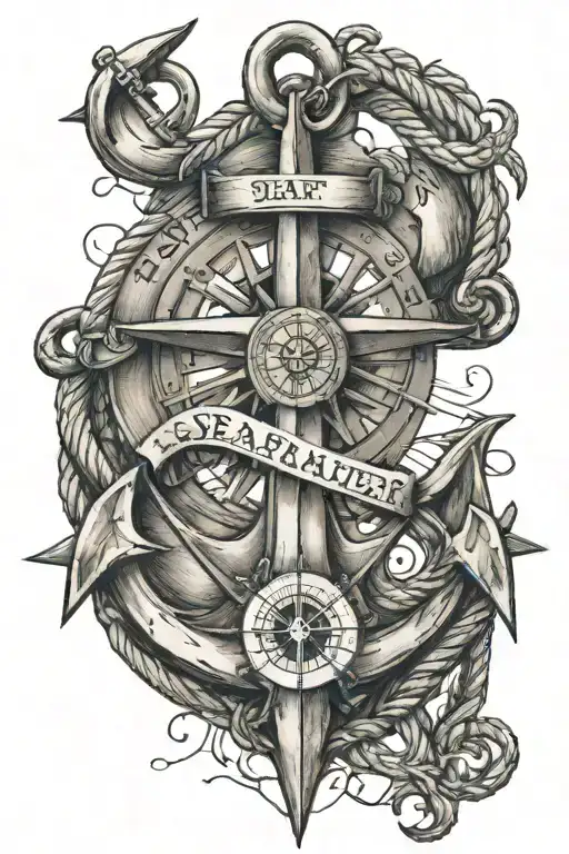 Large ship's anchor with a compass in the foreground surrounded by the lettering Seafarer Life tattoo design idea