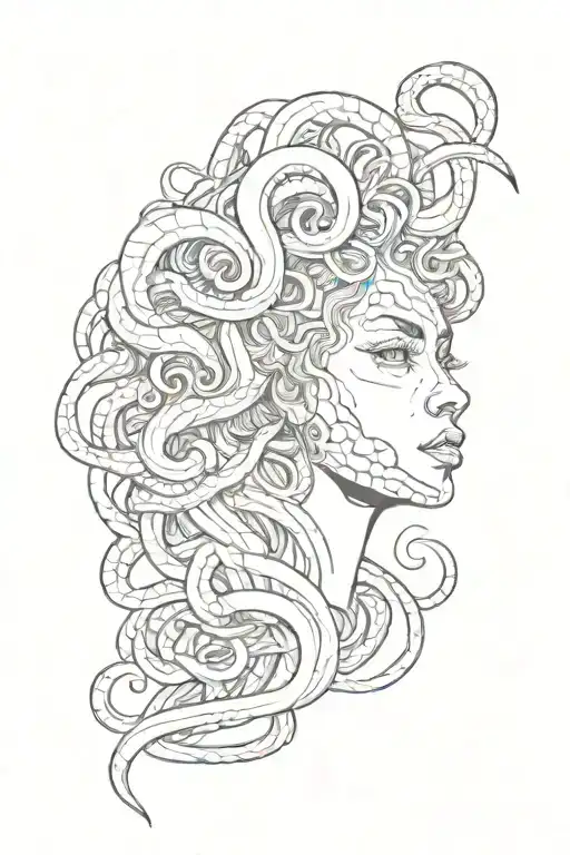 face of medusa with an afro made of snakes hissing tattoo design idea