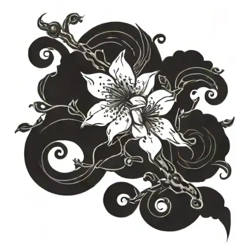 The tattoo features a full arm sleeve design with a central theme of a cherry blossom tree branch. The branch starts at  tattoo design idea