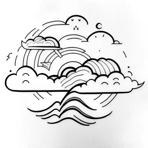 A minimalist tattoo of a thunderstorm brewing over a serene landscape. tattoo design idea