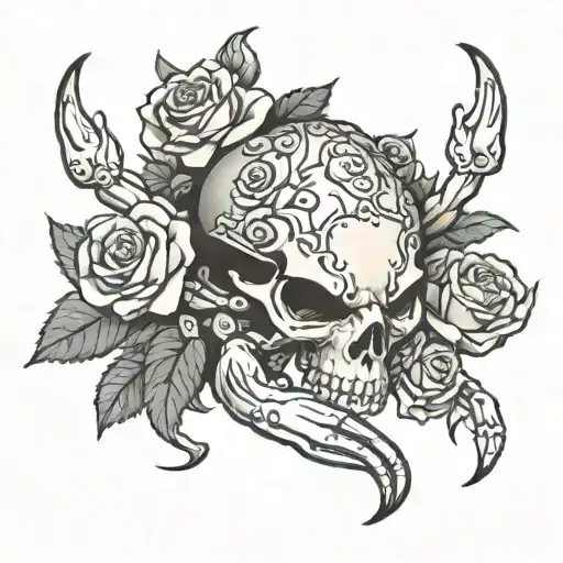 skull-headed crab surrounded by roses tattoo design idea