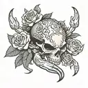 skull-headed crab surrounded by roses tattoo design idea