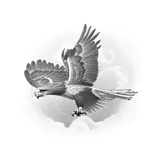 Create a black-grey tattoo of an eagle flying over a tribal-inspired landscape with the initials LJKF subtly integrated into the design tattoo design idea