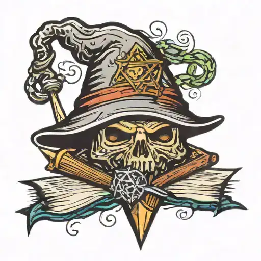 d20 wizard hat and staff and book tattoo design idea