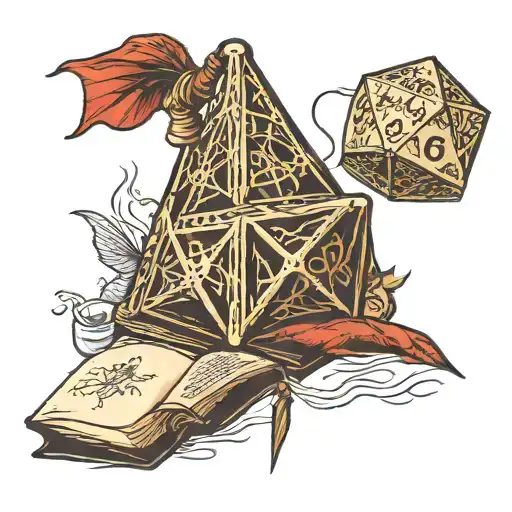 d20 dice wizard hat and staff and book tattoo design idea