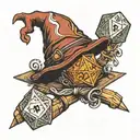 d20 dice wizard hat and staff and book tattoo design idea