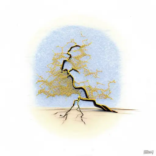 Kintsugi tattoo of a willow tree with gold cracks tattoo design idea