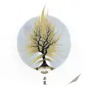 Kintsugi tattoo of a willow tree with gold cracks tattoo design idea