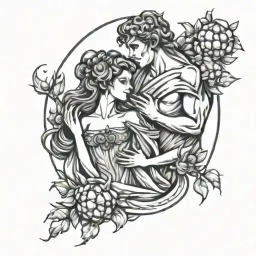 Hades and Persephone holding a pomegranate fruit tattoo design idea
