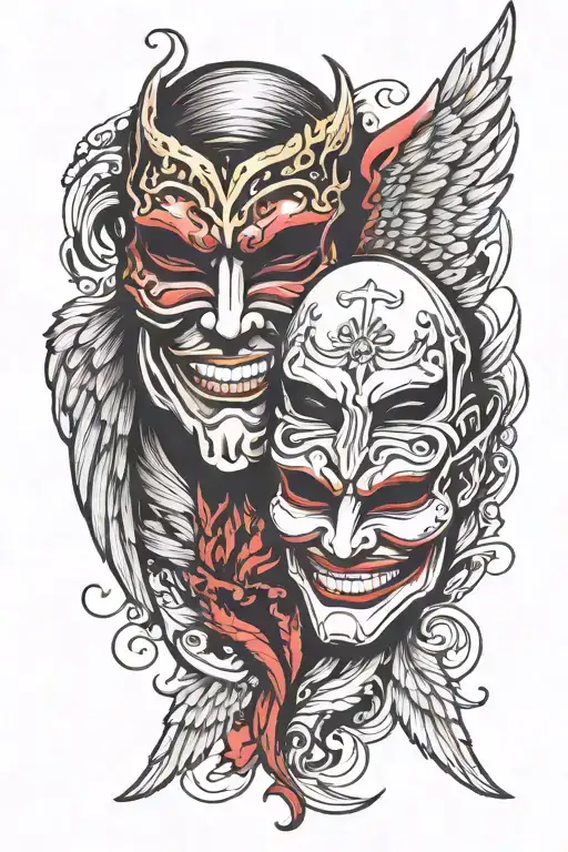 half smiling mask and half evil mask with diagonal split, angel wing off the smiling mask, devil wing off the evil mask tattoo design idea