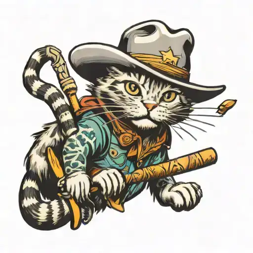 cat with cowboy hat and hockey stick  tattoo design idea