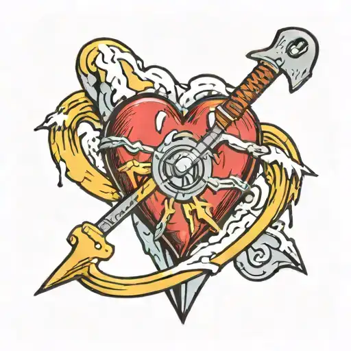 a heart with a mountaineering ice axe sticking out of it tattoo design idea