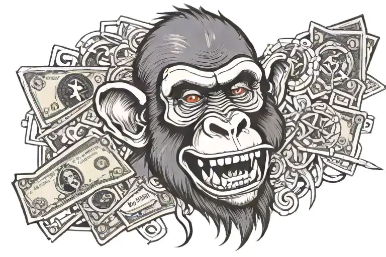 gangster monkey with Huns and money and gold teeth tattoo design idea