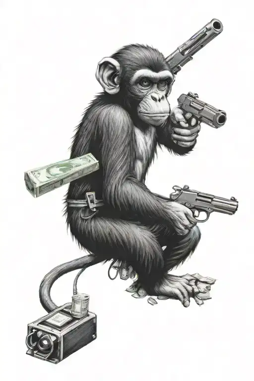 gangster monkey with money and guns tattoo design idea